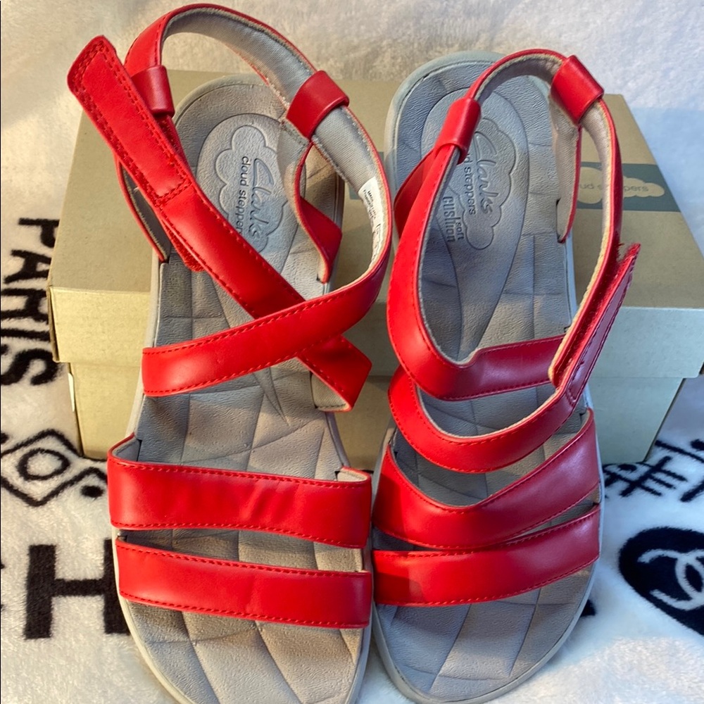 CLARKS Red Strappy Sandals Size 8